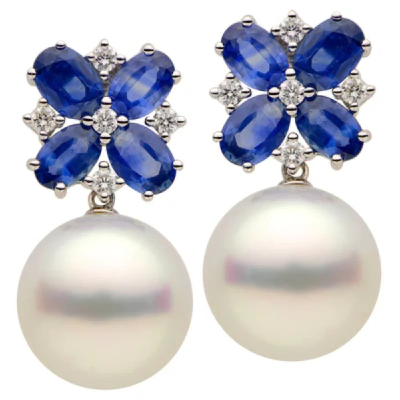 Drop Earrings with Textured Surface -18k White South Sea Pearl and Sapphire Earrings