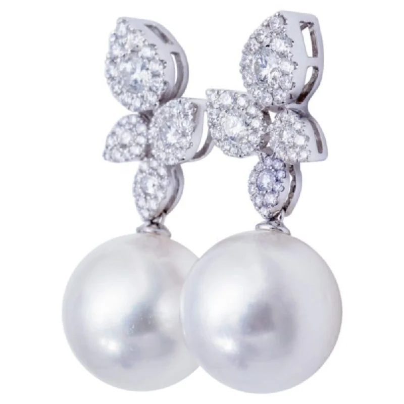 Drop Earrings with Matte Finish -18k White South Sea Pearl Earrings, 12-13mm