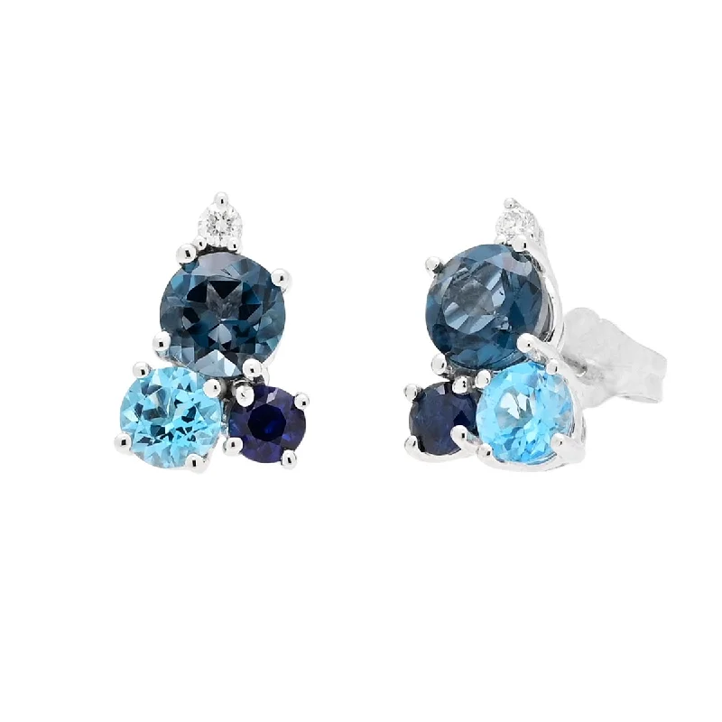 Round Drop Earrings for Classic -Blue Topaz and Sapphire Cluster Stud Earrings in 14kt White Gold with Diamonds (.04tw)