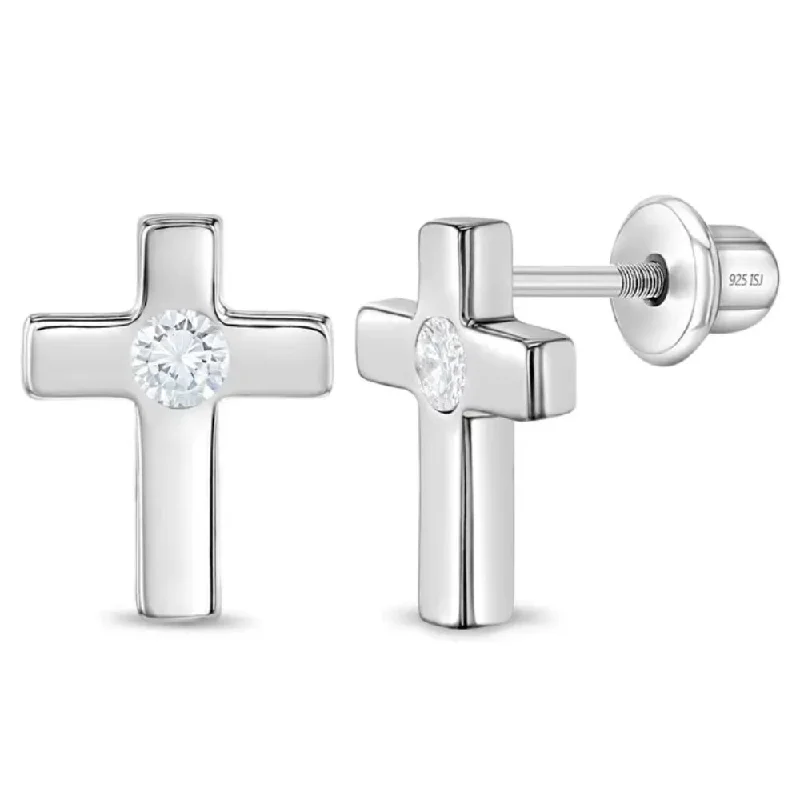 Lightweight Drop Earrings for All Day -Children's Sterling Silver & CZ Classic Cross Stud Earrings