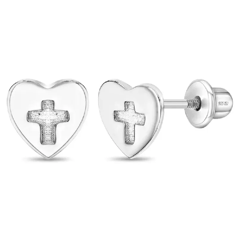 Heavy Duty Drop Earrings for Durability -Children's Sterling Silver Heart & Cross Cutout Earrings