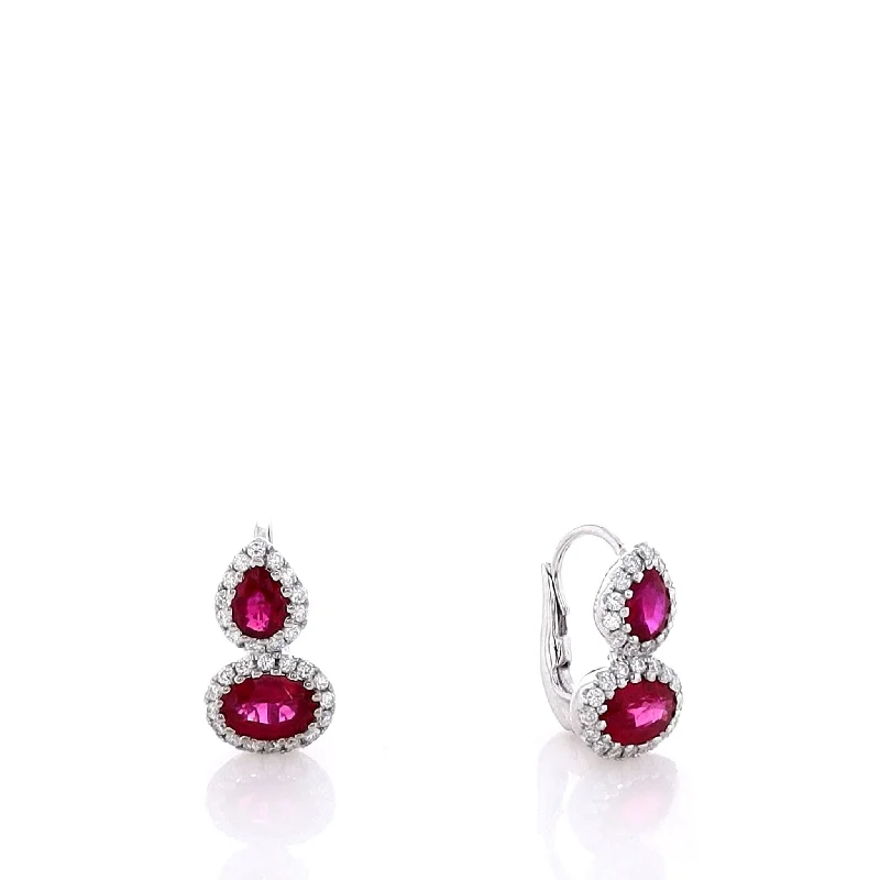 Ethnic Drop Earrings with Tribal Design -Estate 18k White Gold Ruby and Halo Diamond Drop Earrings