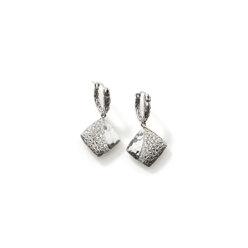 Drop Earrings with Debossed Designs -John Hardy Classic Chain Hammered Diamond Square Drop Earrings