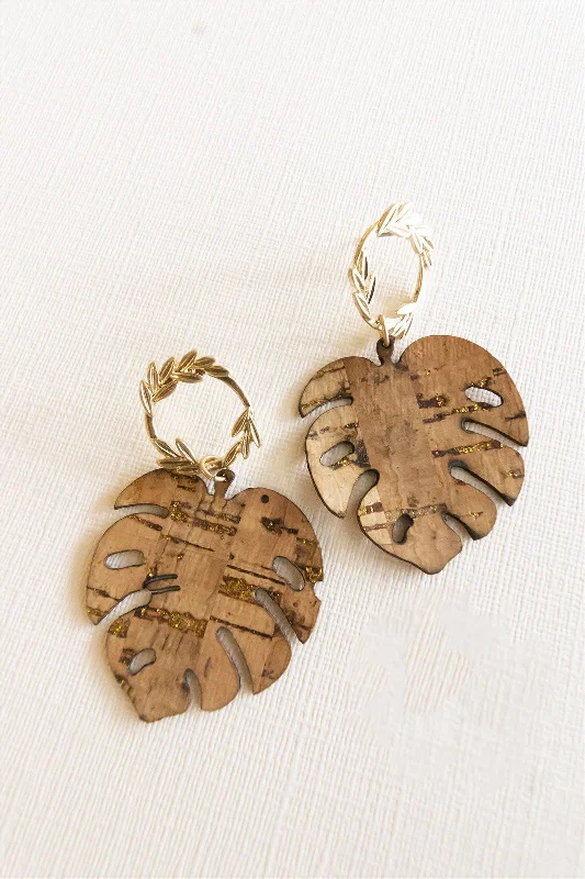 Drop Earrings for Everyday Glamour -Leilani Cork Tropical Leaf Earrings | Spring Summer Vacation Earrings | Natural Cork Tropical Island Earrings