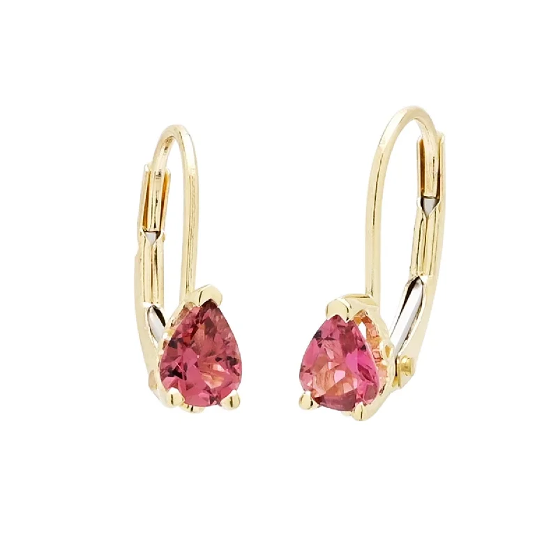 Large Drop Earrings for Statement -Maine Pink Tourmaline Pear Shape Leverback Earrings in 14kt Yellow Gold