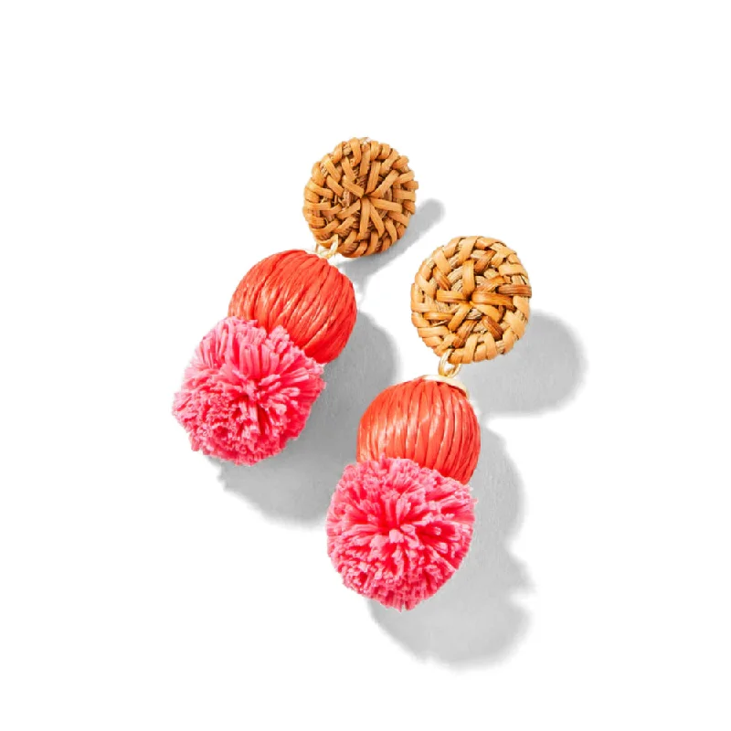 Drop Earrings for Office Wear -Spartina Straw Pom Earrings - Red