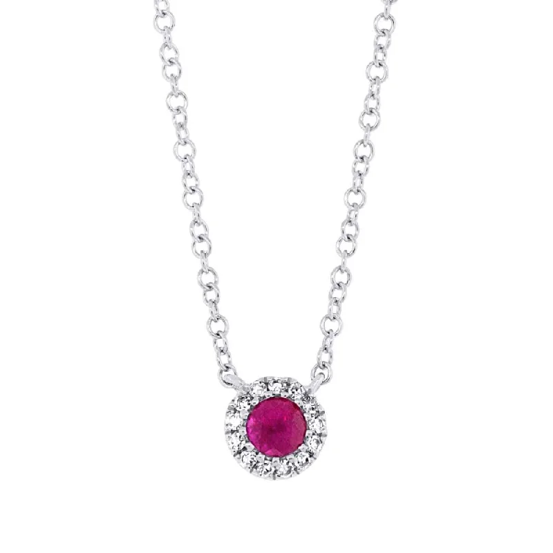 Trendy necklaces and pendants with statement pieces for a bold fashion statement-14KT GOLD 0.14 CT RUBY & 0.04 CTW DIAMOND PETITE HALO NECKLACE