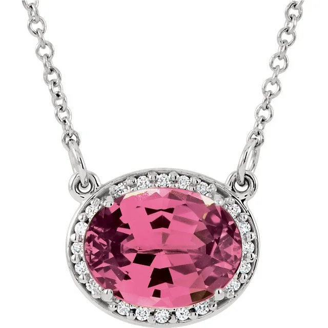 Necklaces and pendants with feather designs for a boho-chic, carefree vibe-14KT GOLD 2.10 CT PINK TOURMALINE & 0.05 CTW DIAMOND OVAL HALO NECKLACE