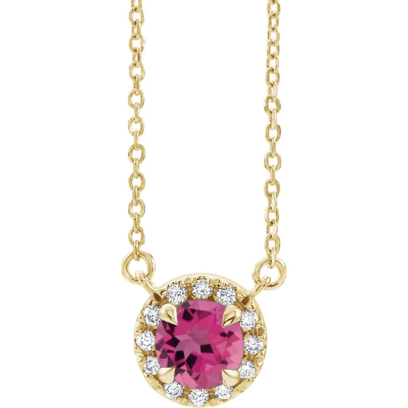 Best necklaces and pendants with heart-shaped designs for a romantic look-14KT GOLD 3/4 CT PINK TOURMALINE & 1/10 CTW DIAMOND ROUND HALO NECKLACE