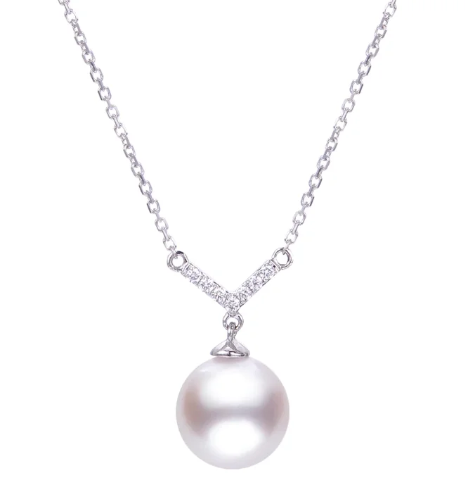 Fashionable necklaces and pendants with birthstones for a personalized gift idea-14KT White Gold Akoya Pearl V-Necklace