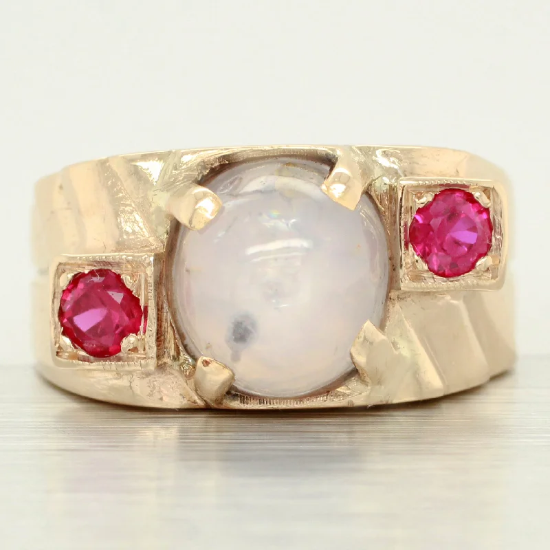 Rings with carved onyx for bold sleekness -Antique Art Deco 2ct White Star Sapphire & Ruby Ring - 14k Yellow Gold Band