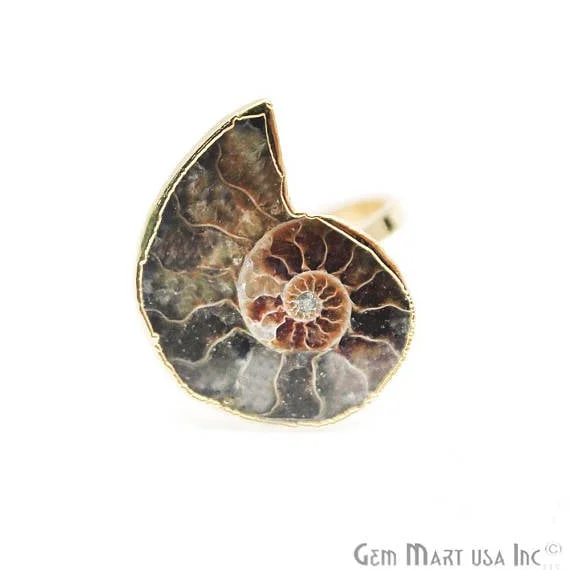 Rings with hexagon-cut stones for trendiness -Ammonite Gold Plated Ring, Adjustable Fashion Jewelry Statement Ring (GPAN-12001)