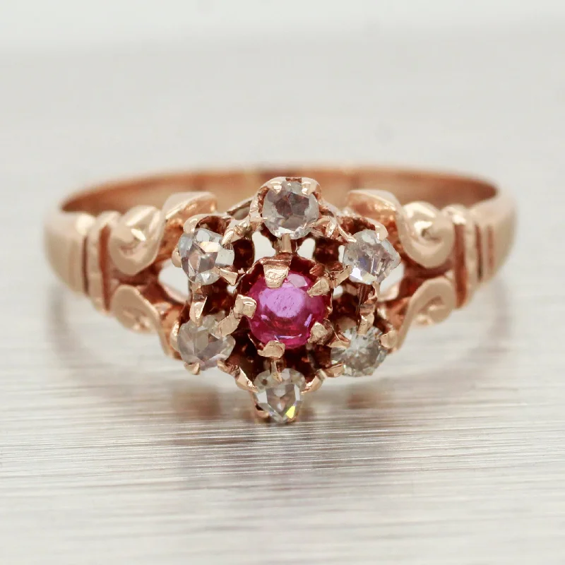 Rings with polished tourmaline for vibrant shine -Antique Art Nouveau 0.17ctw Ruby & Diamond Flower Band Ring - 14k Rose Gold