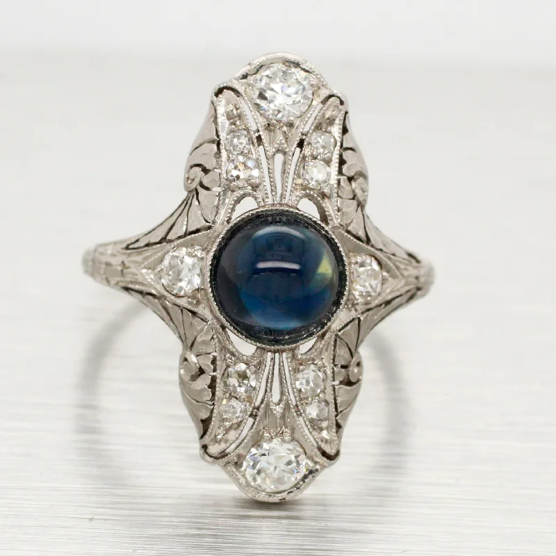 Rings with blue quartz for cool tones -Antique Art Deco Cabochon Sapphire Cocktail Ring - 18k White Gold & Diamonds