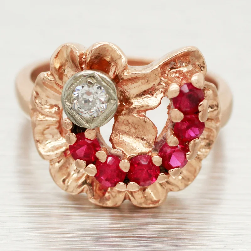 Rings with spiral designs for eye-catching twist -Antique Art Deco 0.50ctw Ruby & Diamond Floral Cocktail Ring - 14k Rose Gold