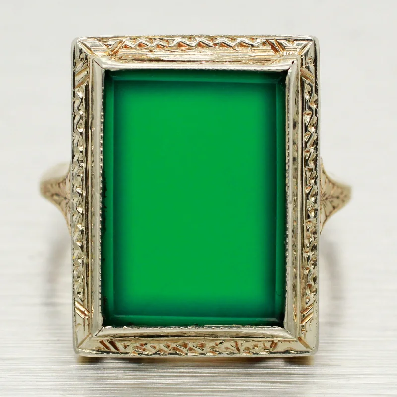 Rings with labradorite stones for mystic flash -Antique Art Deco Foliage Rectangular Emerald Ring - 14k Yellow & White Gold