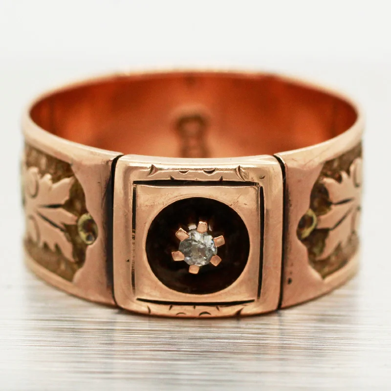 Rings with gothic-inspired skull motif details -Art Nouveau 0.02ct Rose Cut Diamond Band Ring - 14k Rose Gold & Yellow Gold