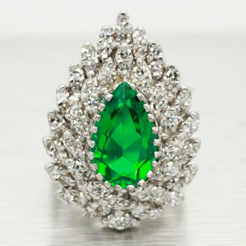 Rings with tourmaline gems for bold hues -Vintage 2ct Lab-Created Emerald Pear Cut Engagement Ring - 14k White Gold