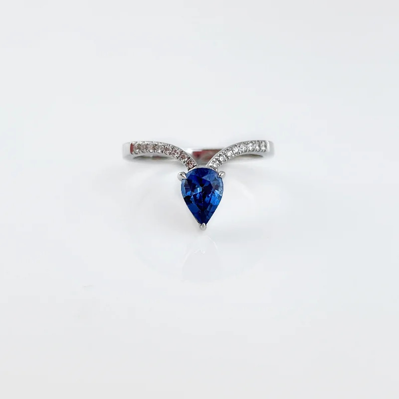 Rings with delicate filigree sapphire settings -Blue Sapphire Vee Ring