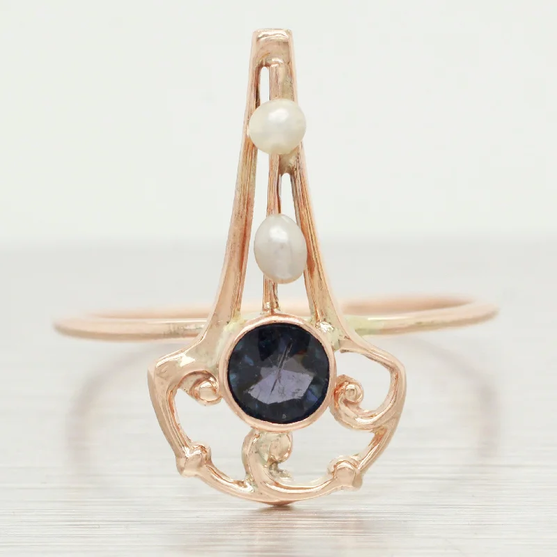 Rings with tiger eye for warm tones -Antique Art Deco Pearl & Blue Stone Triangular Ring - 14k Yellow Gold - Size 7