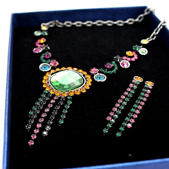 Rings with floral halo diamond arrangements -Colorful Crystal for Party dress Elegant Trendy Necklace Earring Set