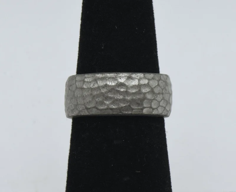 Handcrafted rings with raw emerald rough stones -Vintage Pewter Hammered Texture Open Back Ring - Size 5.25