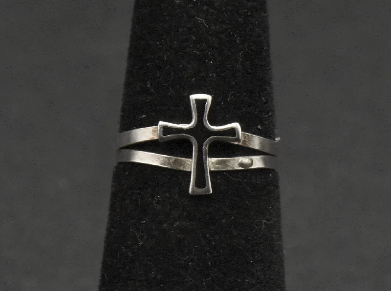 Rings with birthstone clusters for personalization -Vintage Sterling Silver and Black Enamel Cross Ring - Size 3.5