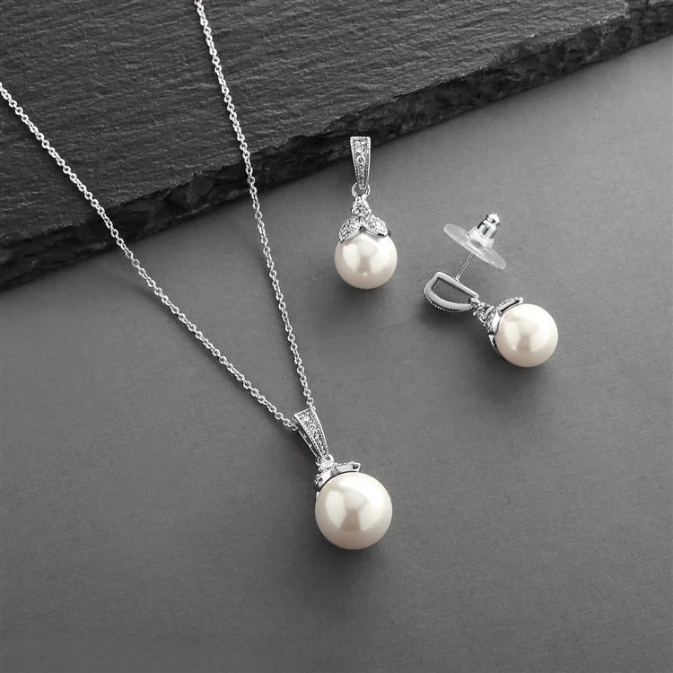 Stunning necklaces and pendants with birthstone pendants for a personal touch-CZ and Light Ivory Pearl Drop Wedding Set