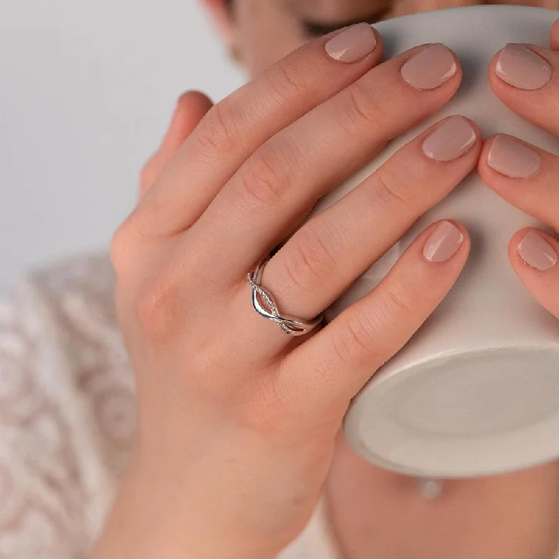 Handcrafted rings with raw emerald rough stones -CZ Wave Ring Rhodium Pl