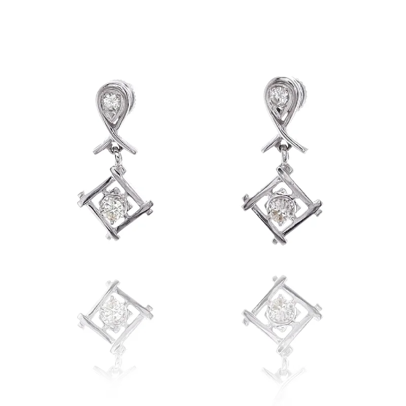 Heavy Duty Drop Earrings for Durability -Estate 14 karat White Gold Geometric Design Diamond Dangle Earrings