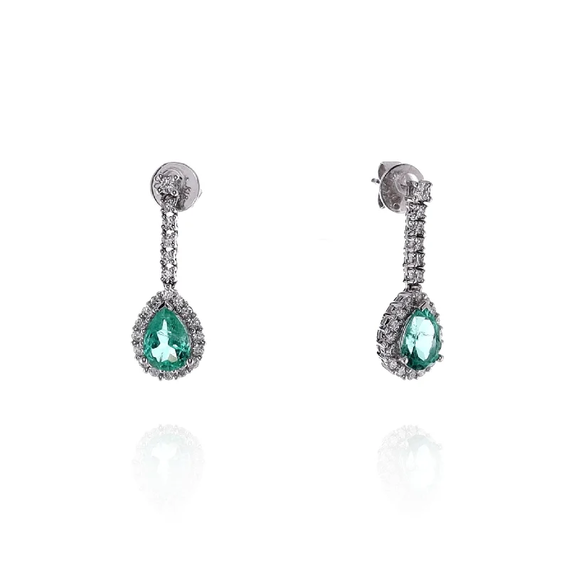 Drop Earrings with Polished Shine -Estate 18k White Gold Emerald and Diamond Dangle Earrings