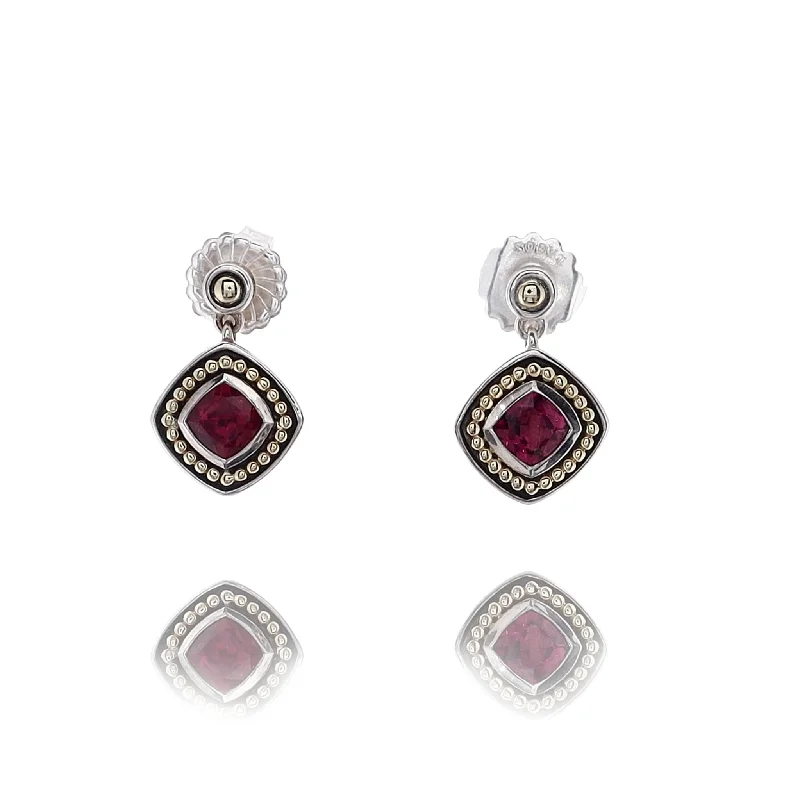 Drop Earrings with Floral Motifs -Estate Lagos Sterling Silver 6mm Bezel Set Faceted Rhodolite Garnet Drop Earrings