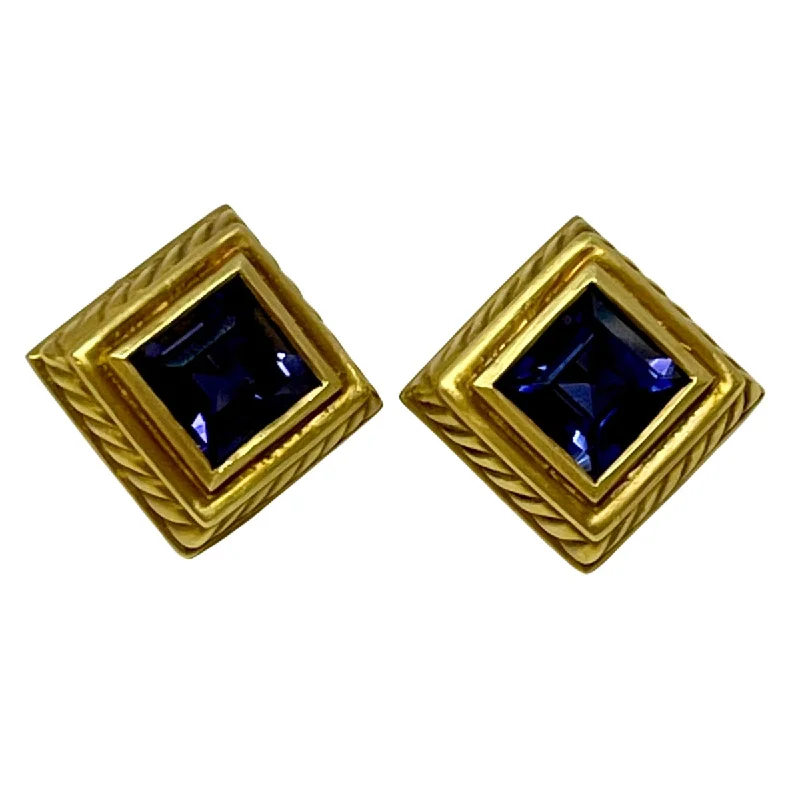 Lead Free Drop Earrings for Health -Fredericka 18K Gold Square Set Faceted Iolite Earrings