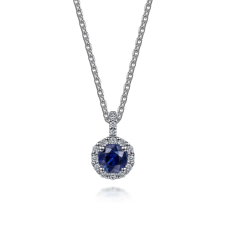 Unique necklaces and pendants with tree of life motifs for nature-inspired elegance-Gabriel & Co.,  Sapphire and Diamond Halo Pendant Necklace