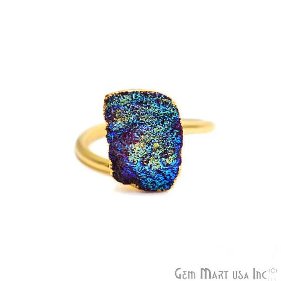 Sterling silver rings with vibrant turquoise stones -Gold Electroplated Titanium Druzy Adjustable Statement Band Ring (TDRG)