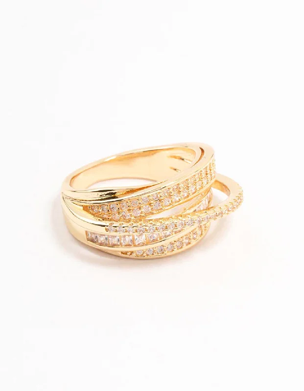 Rings with lotus flower engravings for peace -Gold Plated Layered Wrapped Cubic Zirconia Band Ring