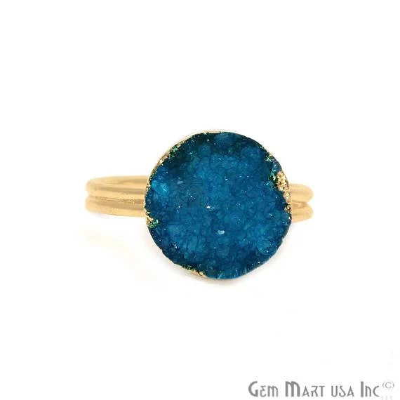 Minimalist rings with tiny diamond dot accents -Gold Plated Light Blue Druzy Gemstone Statement Ring (LZRG)