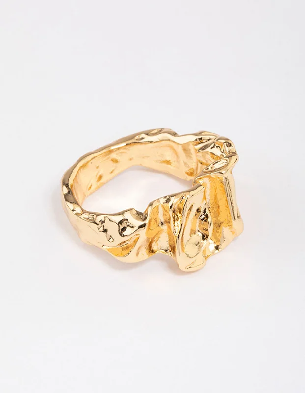 Rings with floral halo diamond arrangements -Gold Plated Melted Metal Band Ring