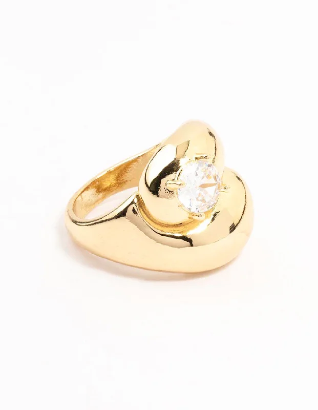 Rings with vintage-inspired rose-cut diamonds -Gold Plated Puffy Swirl Cubic Zirconia Rings