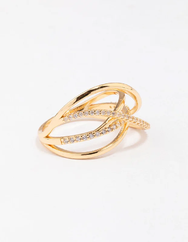 Rings with wide bands for statement wear -Gold Plated Thin Wrapped Cubic Zirconia Ring