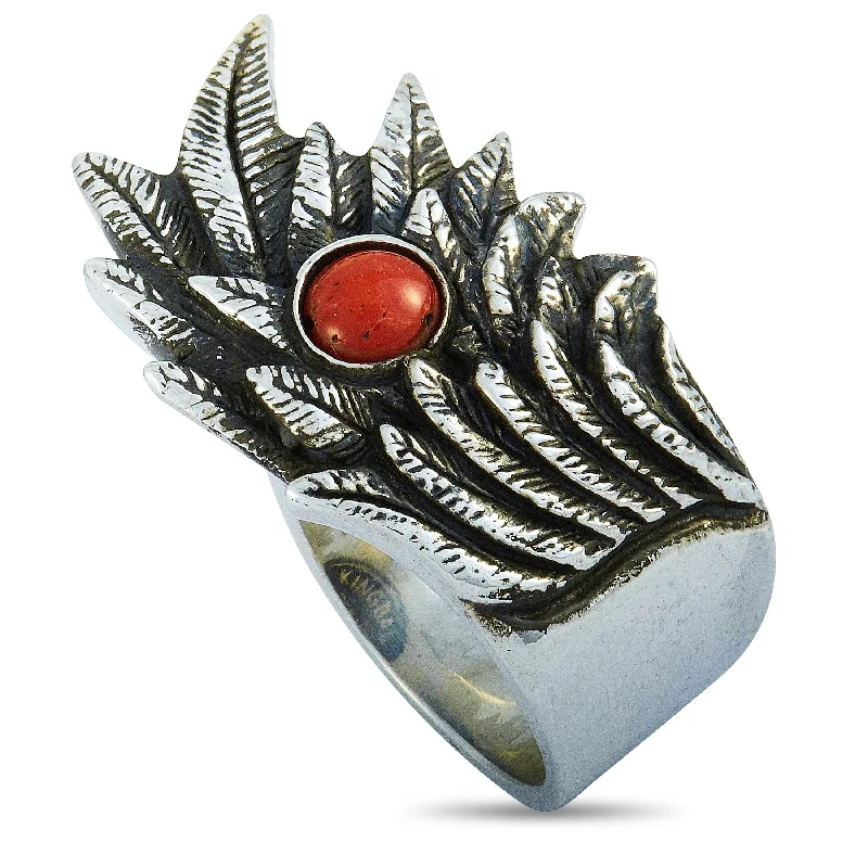 Rings with twisted rose gold band designs -King Baby Raven Wing Sterling Silver and Coral Cabochon Ring