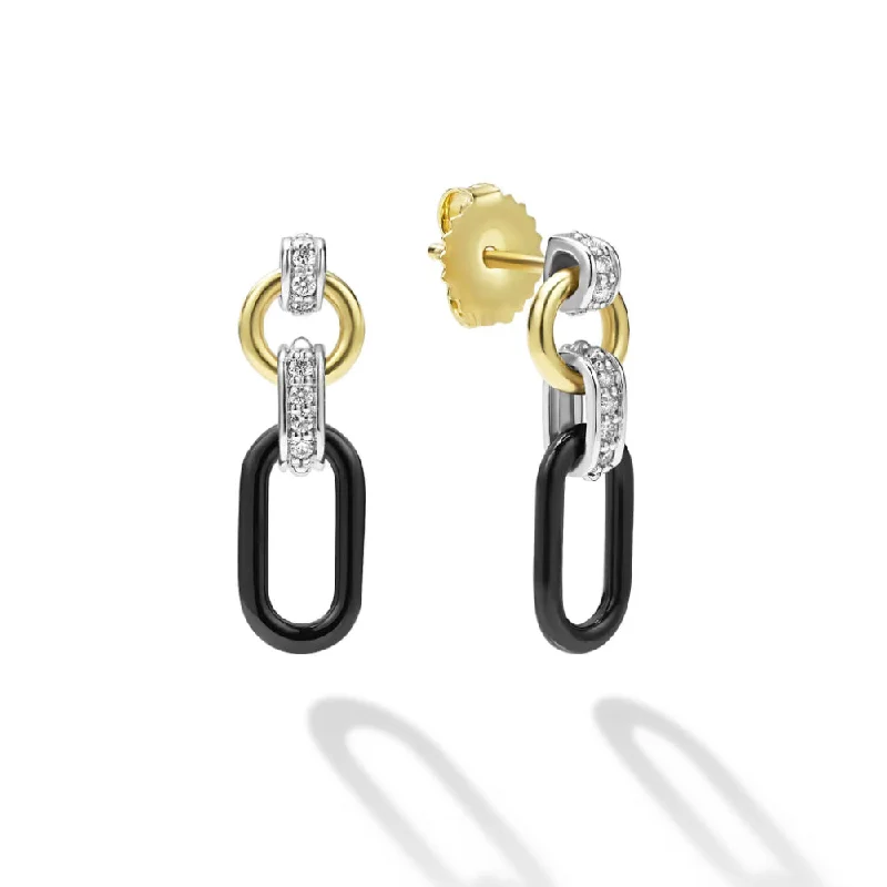 Drop Earrings with Matte Finish -Lagos Signature Caviar Small 18k Gold & Black Ceramic Diamond Link Drop Earrings