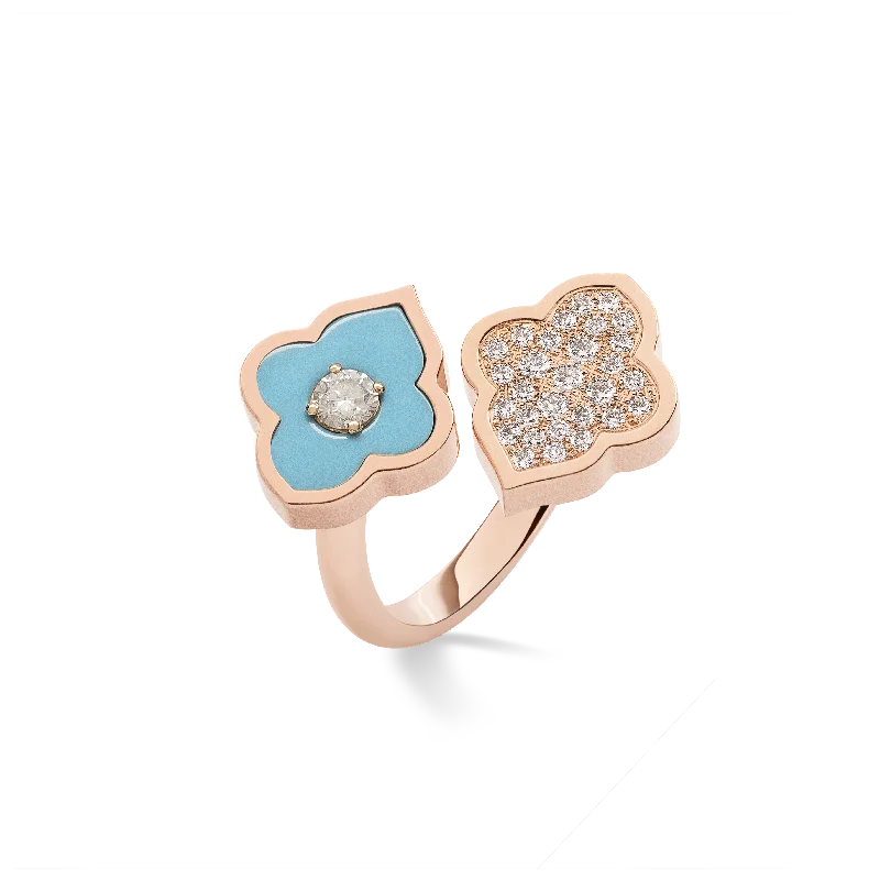 Rings with twisted rose gold band designs -LUCE COLOUR - RING TOI ET MOI ROSE GOLD PAVE TURQUOISE & 1 DIAMOND