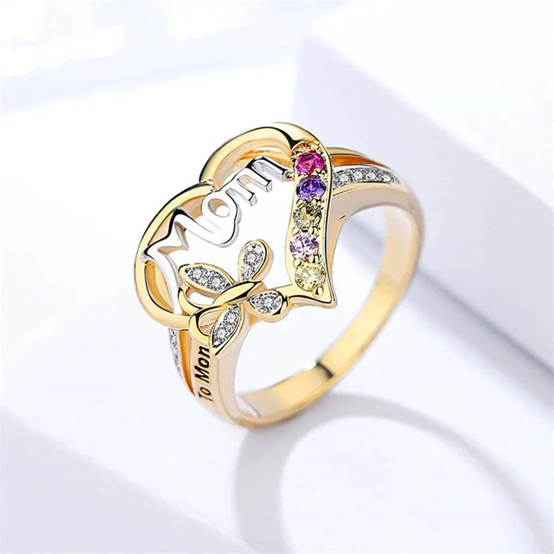 Rings with shield-shaped stones for boldness -Mother's Day Gift Hollow Heart English Letter Love Mom Rhinestone Butterfly Finger Ring Jewelry Gift