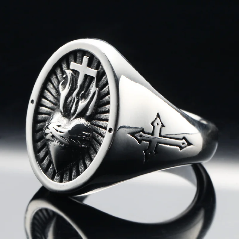 Rings with branch-inspired bands for organic -Nordic Punk Retro Style Cross Heart Titanium Steel Ring