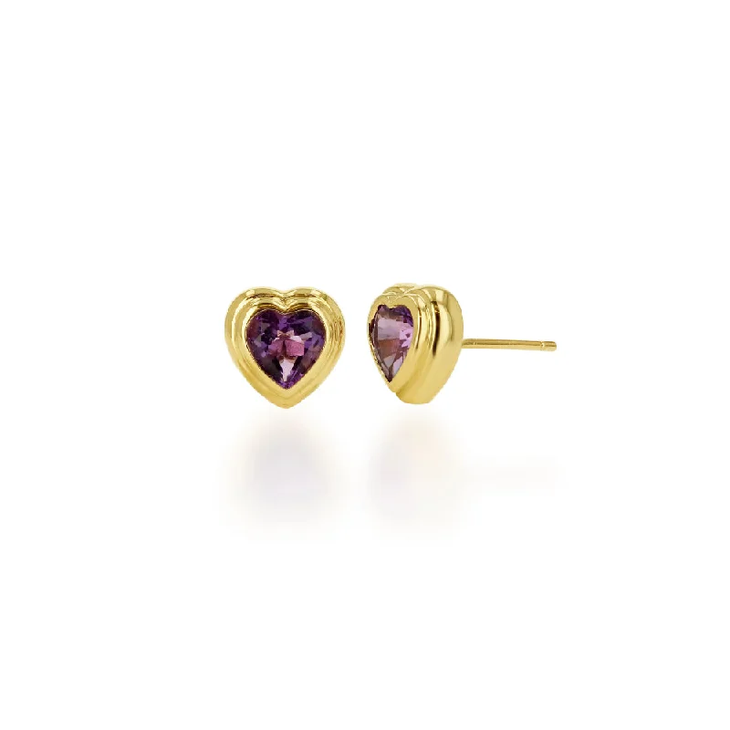 Adjustable Drop Earrings for Custom Fit -Rachel Reid 14k Double Bezel Amethyst Heart Stud Earrings