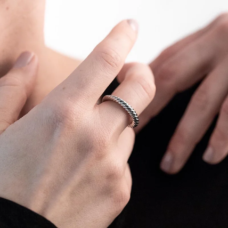 Minimalist rings with tiny diamond dot accents -Rhodium Pl Cable Stackable Ring