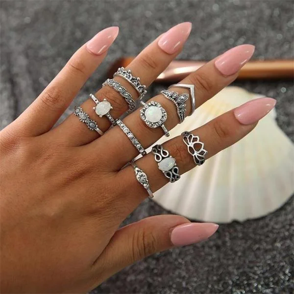 Rings with moonstone gems for ethereal glow -Ring Set 11 Pcs set Women Party Charm Jewelry