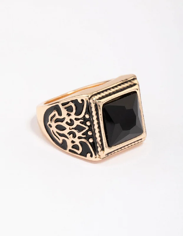 Rings with channel-set turquoise for color -Antique Gold Square Black Antique Ring