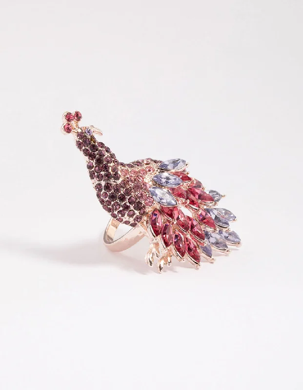 Rings with coral stones for vibrant pop -Rose Gold Sparkly Peacock Ring